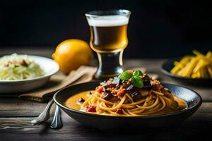 spaghetti met vlees en groenten in een tomaat saus. ai-gegenereerd foto