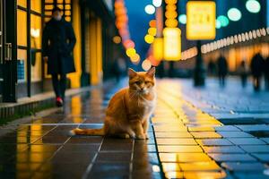 een oranje kat zittend Aan de trottoir in voorkant van een gebouw. ai-gegenereerd foto