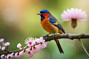 een kleurrijk vogel zit Aan een Afdeling met roze bloemen. ai-gegenereerd foto