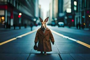 een konijn vervelend een jas en stropdas wandelen naar beneden een straat. ai-gegenereerd foto