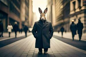een konijn vervelend een pak en stropdas in de midden- van een stad. ai-gegenereerd foto