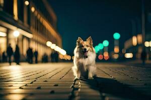 een hond is staand Aan een steen weg Bij nacht. ai-gegenereerd foto