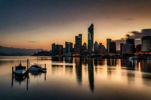 de stad horizon Bij zonsondergang in hong kong. ai-gegenereerd foto