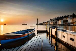 boten aangemeerd Bij de kust van een meer Bij zonsondergang. ai-gegenereerd foto