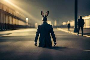 een Mens in een pak en konijn oren zittend Aan de weg. ai-gegenereerd foto