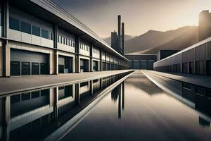 een lang, leeg industrieel gebouw met een berg in de achtergrond. ai-gegenereerd foto