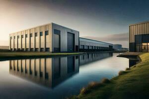 de gebouw is omringd door water en gras. ai-gegenereerd foto