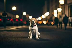 een hond zittend Aan de straat Bij nacht. ai-gegenereerd foto