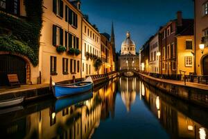 een boot is aangemeerd in een versmallen kanaal Bij nacht. ai-gegenereerd foto