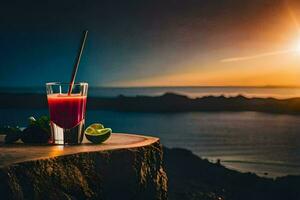 een glas van sap zit Aan een tafel met uitzicht de oceaan. ai-gegenereerd foto