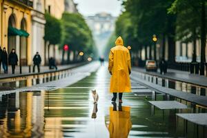 een persoon in een geel regenjas wandelen met een hond Aan een nat straat. ai-gegenereerd foto