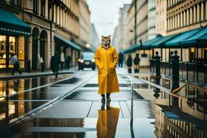 een vos in een geel regenjas staand in de midden- van een stad straat. ai-gegenereerd foto