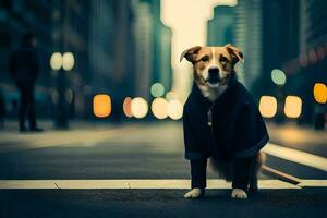 een hond in een jas staand Aan de straat. ai-gegenereerd foto