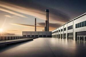 een fabriek gebouw met een zon instelling achter het. ai-gegenereerd foto