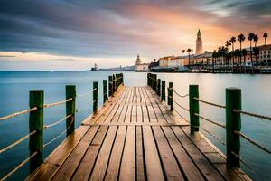 een houten pier strekt zich uit uit in de water. ai-gegenereerd foto