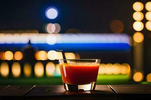 een glas van oranje sap zittend Aan een tafel in voorkant van een stad horizon. ai-gegenereerd foto