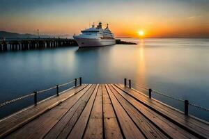 een reis schip aangemeerd Bij de pier Bij zonsondergang. ai-gegenereerd foto