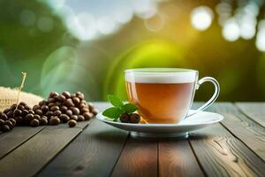 een kop van thee Aan een houten tafel met een bundel van koffie bonen. ai-gegenereerd foto