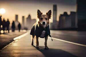 een hond vervelend een jasje Aan een stad straat. ai-gegenereerd foto