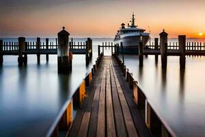 een boot aangemeerd Bij de einde van een dok Bij zonsondergang. ai-gegenereerd foto