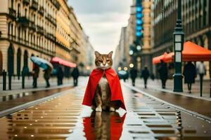 een kat vervelend een rood kaap staand Aan een straat. ai-gegenereerd foto