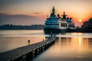 een reis schip aangemeerd Bij de pier Bij zonsondergang. ai-gegenereerd foto