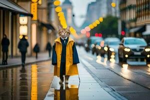 een kat in een geel regenjas wandelen naar beneden een straat. ai-gegenereerd foto