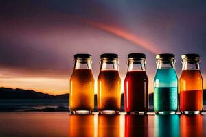 vijf flessen van verschillend gekleurde drankjes met een regenboog in de achtergrond. ai-gegenereerd foto