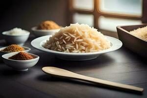 een kom van rijst, een lepel en een houten lepel. ai-gegenereerd foto