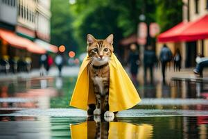 een kat vervelend een geel regenjas Aan een regenachtig dag. ai-gegenereerd foto