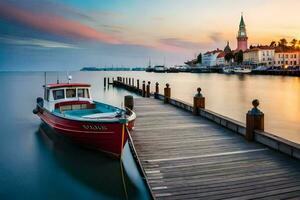 een boot aangemeerd Bij de pier in voorkant van een kerk. ai-gegenereerd foto