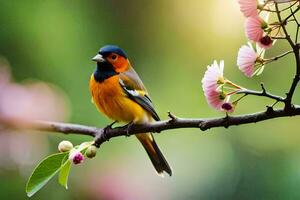 een kleurrijk vogel zit Aan een Afdeling met roze bloemen. ai-gegenereerd foto