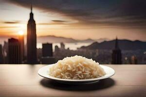 een bord van rijst- met een visie van de stad. ai-gegenereerd foto