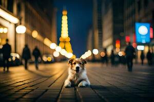 een hond zittend Aan de grond in voorkant van de eiffel toren. ai-gegenereerd foto