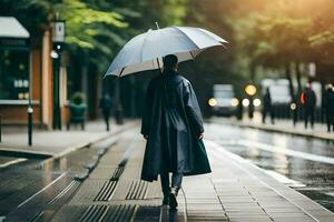 een persoon wandelen naar beneden een straat met een paraplu. ai-gegenereerd foto