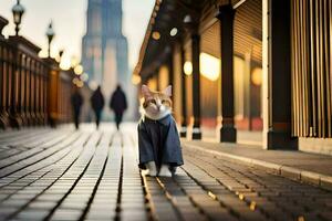 een kat vervelend een jas en staand Aan een steen loopbrug. ai-gegenereerd foto