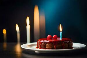 een verjaardag taart met kaarsen Aan een bord. ai-gegenereerd foto