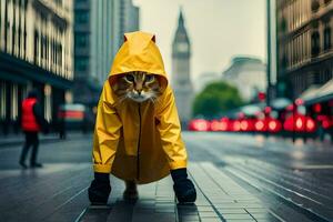 een kat vervelend een geel regenjas Aan de straat. ai-gegenereerd foto