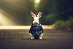 een konijn vervelend een pak en stropdas staand Aan een weg. ai-gegenereerd foto