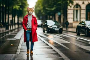 een vrouw in een rood jas en een kat masker. ai-gegenereerd foto