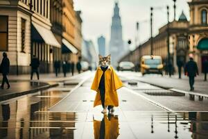 een vos in een geel regenjas wandelen naar beneden een straat. ai-gegenereerd foto