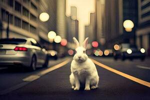 een konijn is zittend Aan de straat in voorkant van auto's. ai-gegenereerd foto