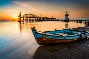 een boot zit Aan de dok Bij zonsondergang. ai-gegenereerd foto