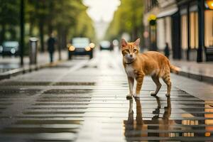 een oranje kat wandelen Aan een nat straat. ai-gegenereerd foto