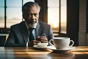 een Mens in een pak en stropdas zittend Bij een tafel met een kop van koffie. ai-gegenereerd foto