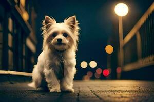 een klein wit hond zittend Aan de trottoir Bij nacht. ai-gegenereerd foto