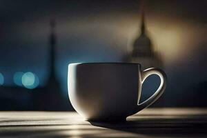 een koffie kop zittend Aan een tafel in voorkant van een stadsgezicht. ai-gegenereerd foto