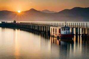 een boot aangemeerd Bij de pier Bij zonsondergang. ai-gegenereerd foto