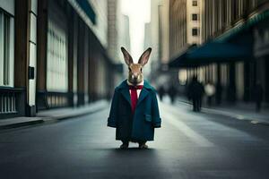 een konijn vervelend een pak en stropdas staand in de midden- van een stad straat. ai-gegenereerd foto