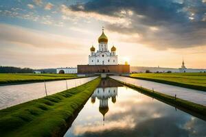 de het kremlin Bij zonsondergang met de water reflecterend de lucht. ai-gegenereerd foto